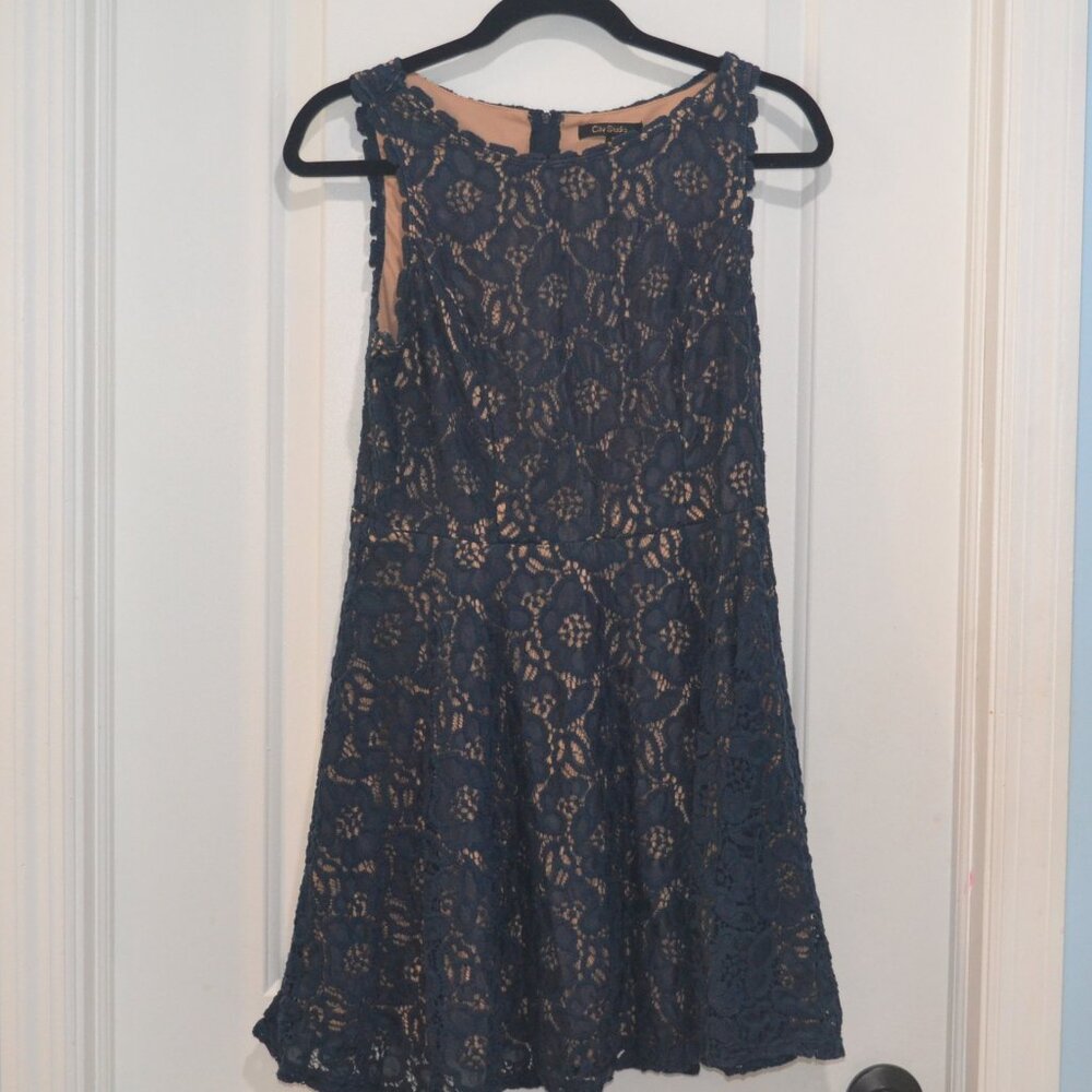 Pre-owned Navy blue floral lace fit-and-flare mini dress from City Studio Size11